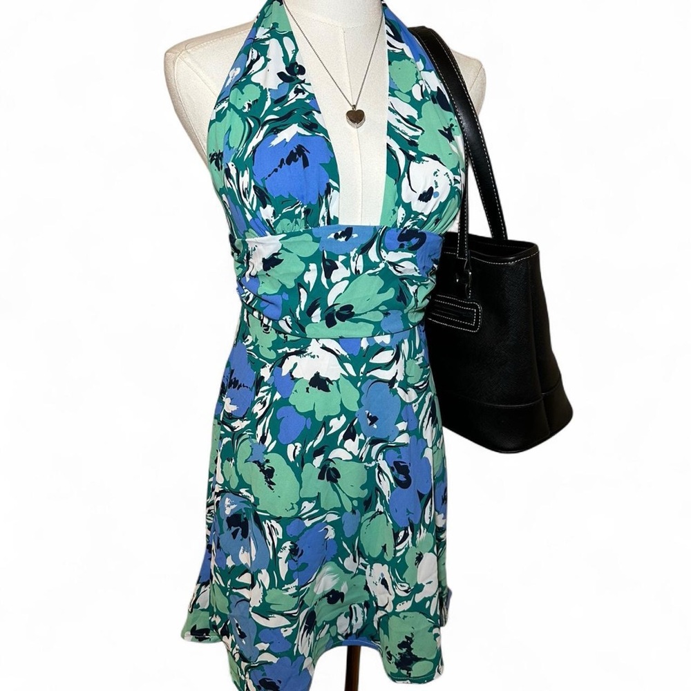 Earthy Floral Halter Dress in Blue and Green